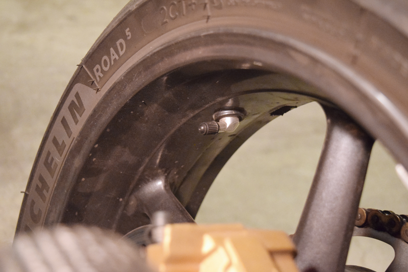 90-degree valve stems like this one allows for easy access when checking tire pressure and adding air. If your motorcycle doesn’t have one, they can be installed the next time you have the tires changed.