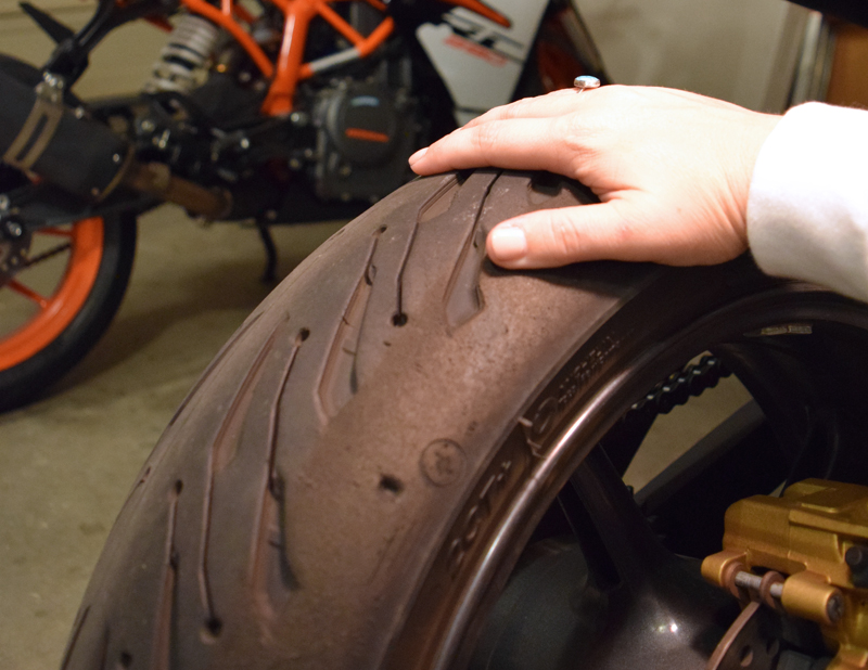 <a href="https://womenridersnow.com/riding-right-is-your-bike-ready-to-roll/" target="_blank" rel="noopener">Inspect your tires before every ride </a>by hand for punctures for things like thorns, sharp rocks, nails, etc.