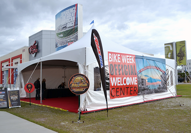 daytona bike week 2021 80th anniversary motorcycle event welcome center tent