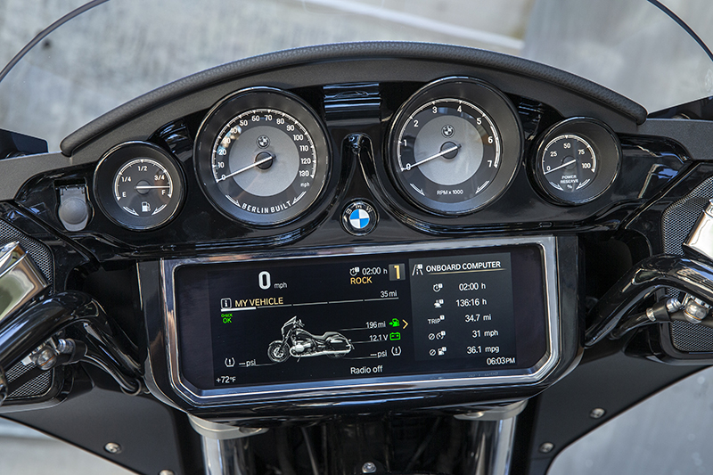 Both the new bikes have four analog instruments—fuel gauge, speedometer, tachometer, and a power reserve showing the percentage of engine power available. (This idea is straight from a Rolls Royce but is more for fun than function.) But what really catches the eye is the huge 10.25 inch colorful TFT display that offers riders a plethera of information.