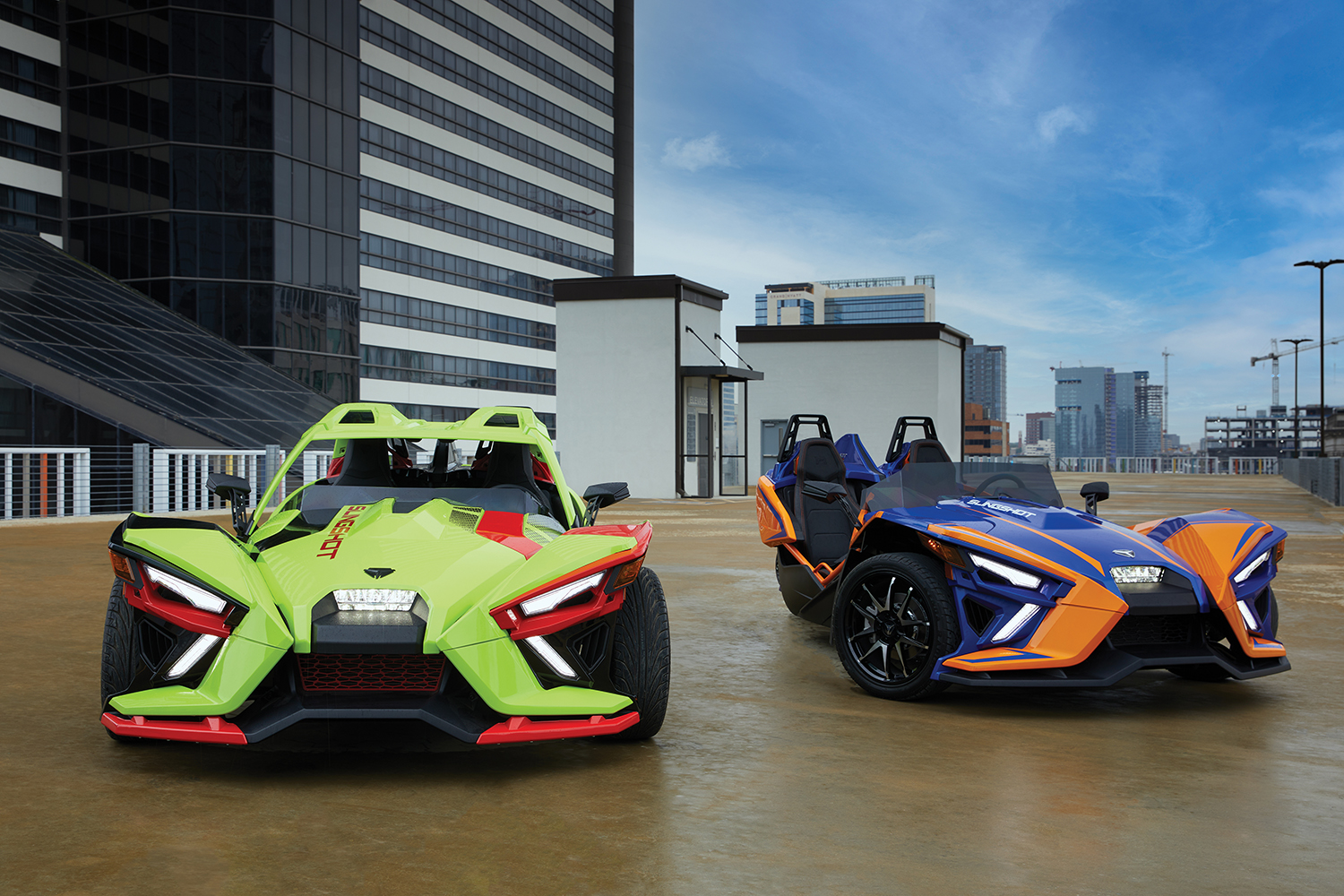 The Slingshot's sporty, futuristic styling gives it amazing curb appeal.  When you pull up to a stop light or an event, and you'll easily become the talk of the town.  Shown here are the R - LE models.