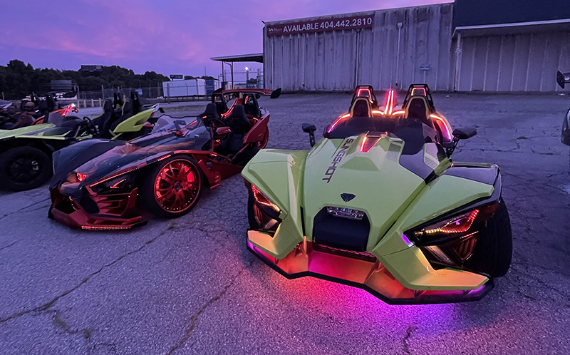 Porsche added custom lighting from Twistit Customs in Atlanta, Georgia, to really make the Slingshot stand out at bike nights.