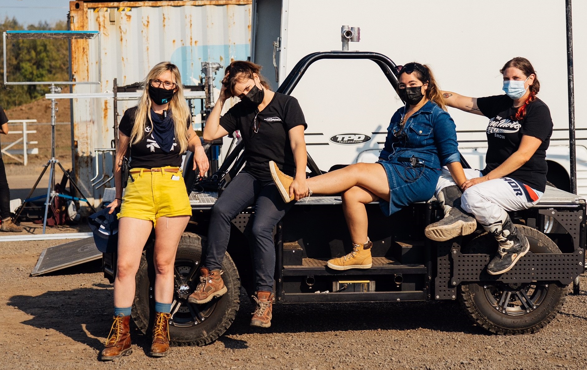 The film crew on set. Janie Faison (Art Director/Producer), Jasmine Karcey (Cinematographer), Kanani Koster (Director/Producer), Tiffany Lindquist (Rider/Producer).