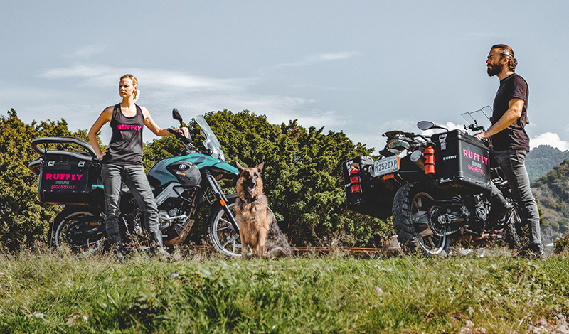 Jess rides a 2013 BMW G650GS fitted with the RUFFLY K9 Moto Cockpit she designed for her German Shepherd, Moxie, and her husband Greg rides a 2013 BMW F700GS.