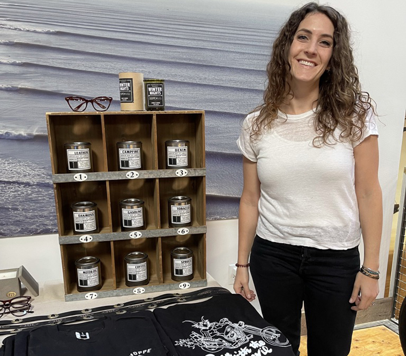 Katy Zales, founder of Shoppe 815, integrates our love of candles with our love of unique scents. Her lineup includes scents like leather, denim, campfire (another of my purchases), and even gasoline and motor oil! Katy jokes that there actually is no gasoline in the candle, thankfully.