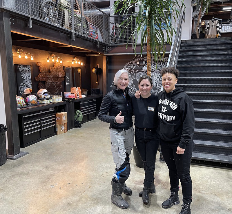 Me, Caitlin, and Sacha Braddock hanging out at the Market in the super-cool venue provided by one of the industry’s best custom motorcycle builders, Roland Sands.