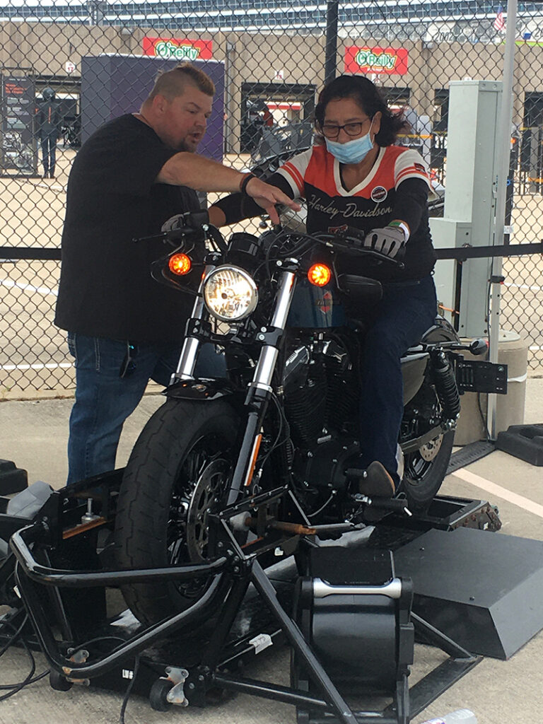 Harley-Davidson had its Jumpstart machine on hand at some of the venues to offer a chance for non-riders to practice shifting on a real motorcycle.