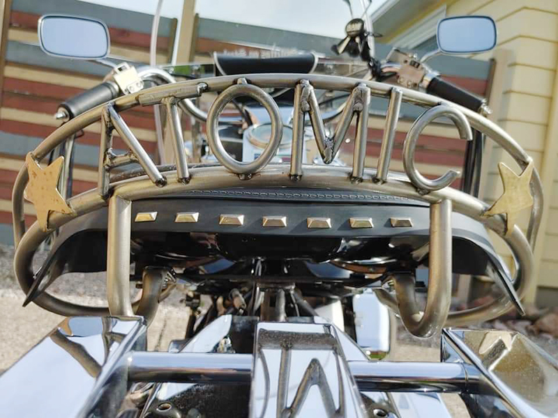 In 2021 Ernie Barkman crafted this seat rail for me and the Shovelhead’s official name became Atomic Shovel.