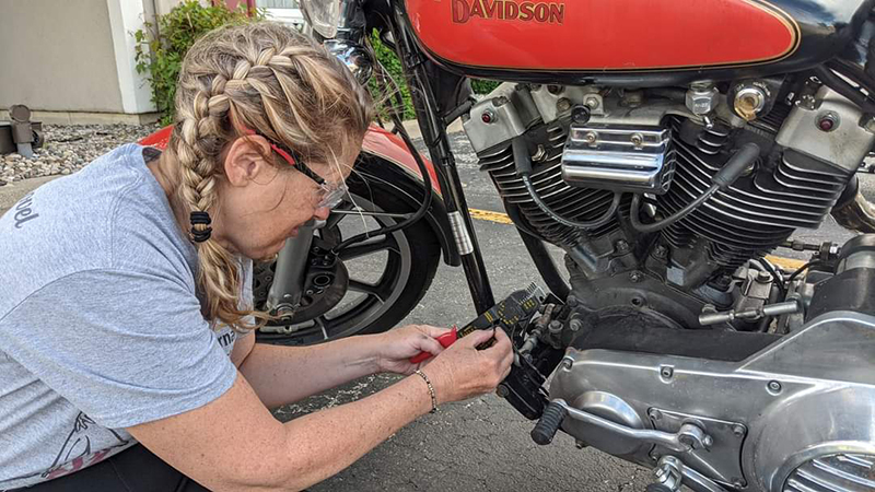 I have graduated to hacking up other people’s motorcycles. This was another parking lot repair in 2021 on fellow vintage motorcycle rider Marjorie Kleiman’s Harley-Davidson FXR. Photo by Marjorie Kleiman.