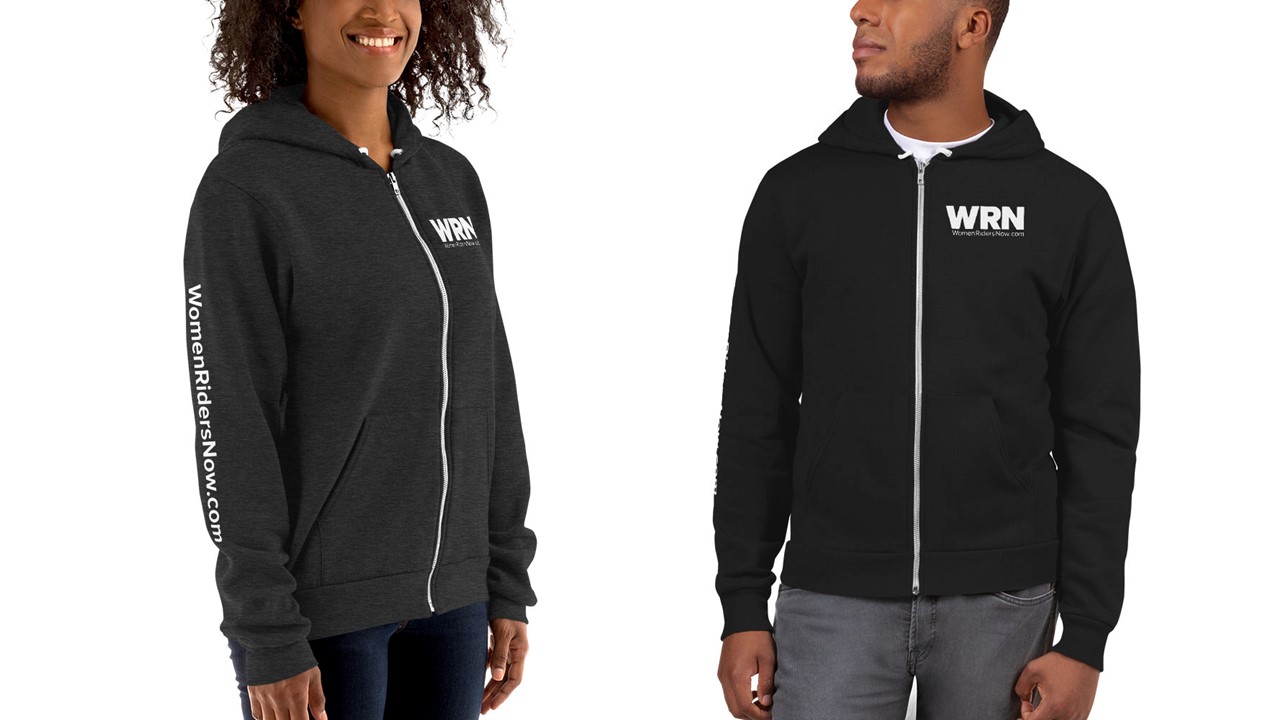 The WRN logo on the front and WomenRidersNow.com on the sleeve lets people know that I’m proud to be a female rider. The inside of the hoodie and the pockets are lined with super fuzzy soft material to keep your hands warm and comfy. It's available in black and heather grey for $58.99. I got both myself and my boyfriend one so we can both show our pride in supporting women who ride.