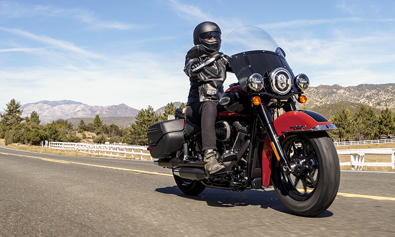 Harley’s Heritage Classic appeals to riders who enjoy a cruiser style, but want the comfort and convenience of a touring bike. The 2022 model shown here is offered with cast or laced wheels in a variety of color options.