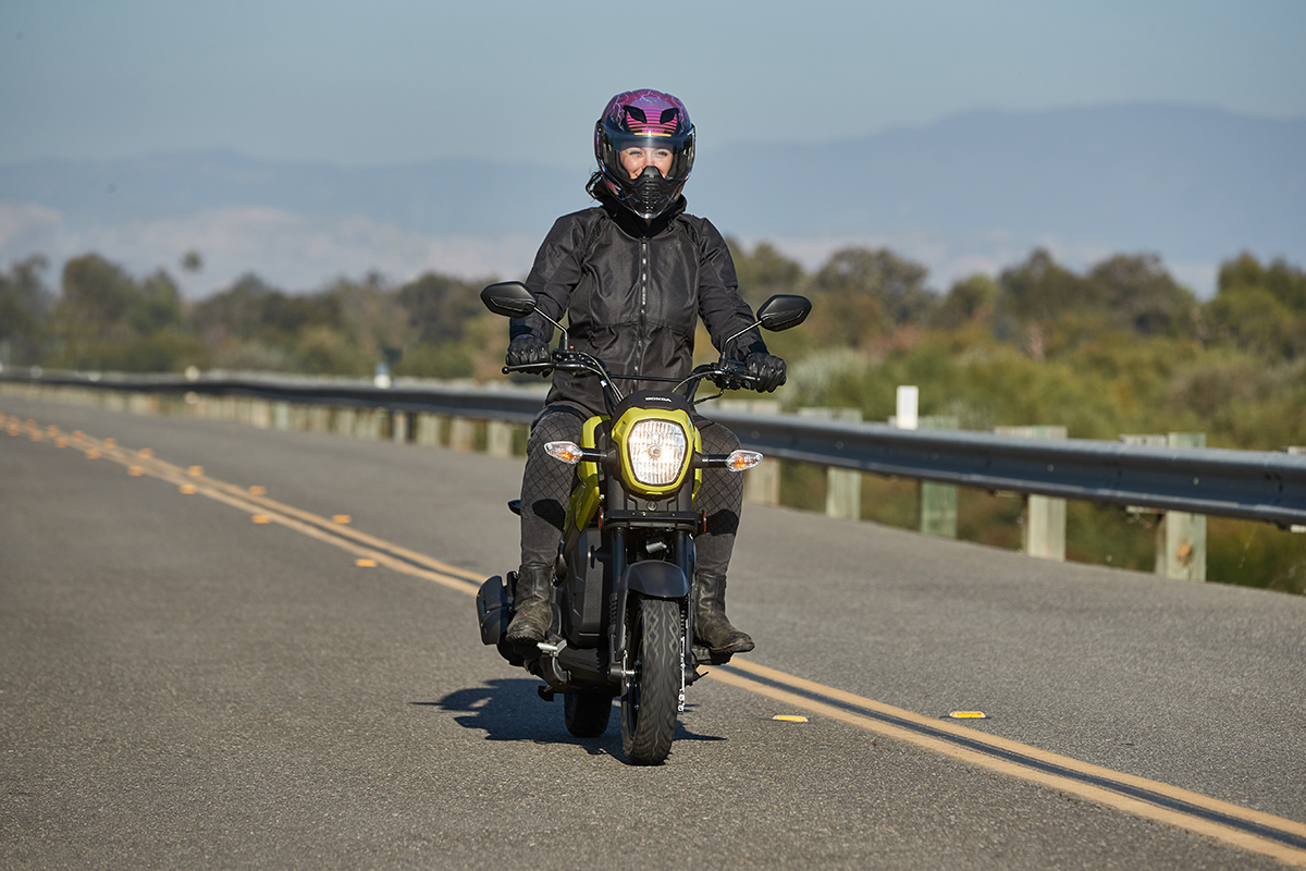 The Navi’s drivetrain is low and toward the rear, which makes it feel more like riding a scooter. Hitting almost 65 mph on the open road, the miniMOTO is poised to go anywhere a motorcycle can go.