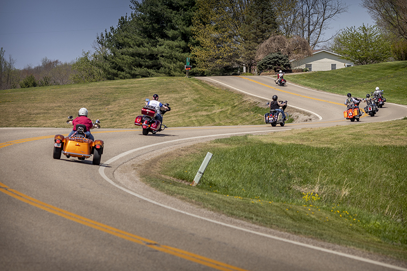 Members of the Motor Maids, Inc. (Ohio District) gathered in Athens, Ohio for some  time together and to ride some of Ohio's Windy 9.

[Photograph by Joel Prince] Members of the Motor Maids, Inc. (Ohio District) ride along Ohio's Windy 9 "Southern Dip" route on April 23, 2022. They gathered in Athens, Ohio for some long overdue time together and to ride some of Ohio's Windy 9.

[Photograph by Joel Prince]