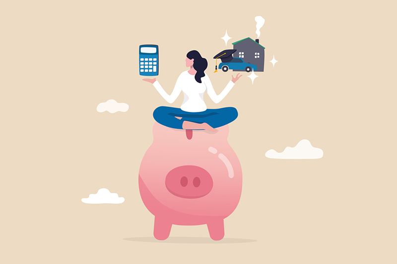 Personal finance money management, expense, cost and budget calculation for education, housing mortgage or car loan concept, smart woman on piggy bank with calculator, house, car and graduate hat.