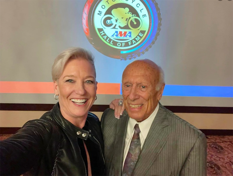Peter Starr, shown here with me (Erin Sills), was inducted into the AMA Hall of Fame in 2017 as a result of his substantial contribution as a motorcycle racer, TV producer and filmmaker. Peter has produced dozens of films about motorcycles and motorcycling for the world to enjoy.
