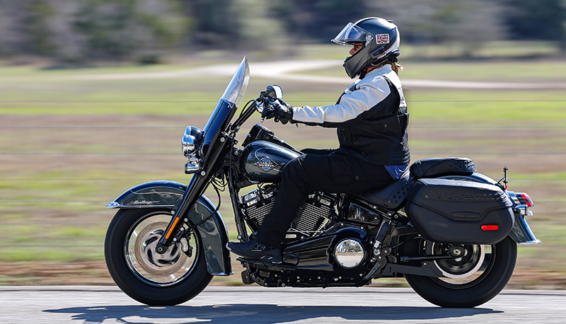 Riding Harley Heritage wearing Fennimore jacket