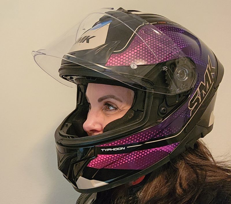 04 sarah in helmet woman wearing SMK Typhoon helmet