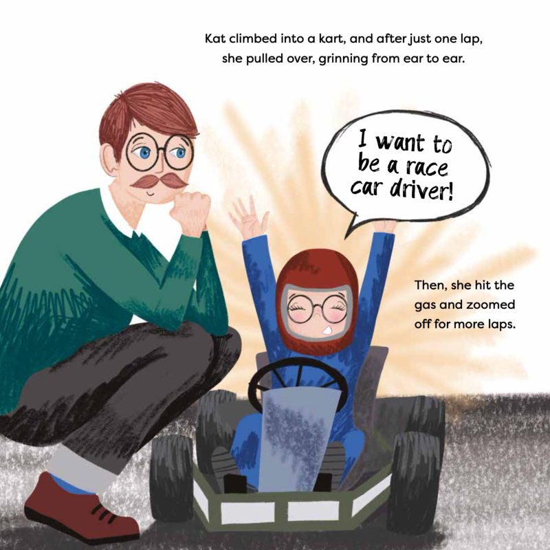 Kat's Magic Helmet - Children's Book Sample Page 1 Kat with her dad and her magic helmet