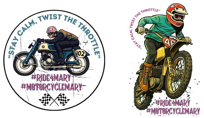 A wide selection of shirts and accessories featuring the Ride4Mary event logo are available, along with exclusive designs showcasing both road racing and dirtbike images of Mary in action. The collection also highlights Mary’s enduring inspiration: “Keep calm. Twist the Throttle.”