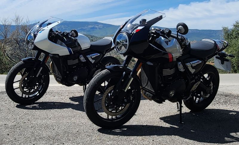 The Thruxton 400 delivers a sleek café racer profile, paired with a more engaged riding position. The small engine delivers a great ride in the twisties, and the machine is more flickable than it appears.